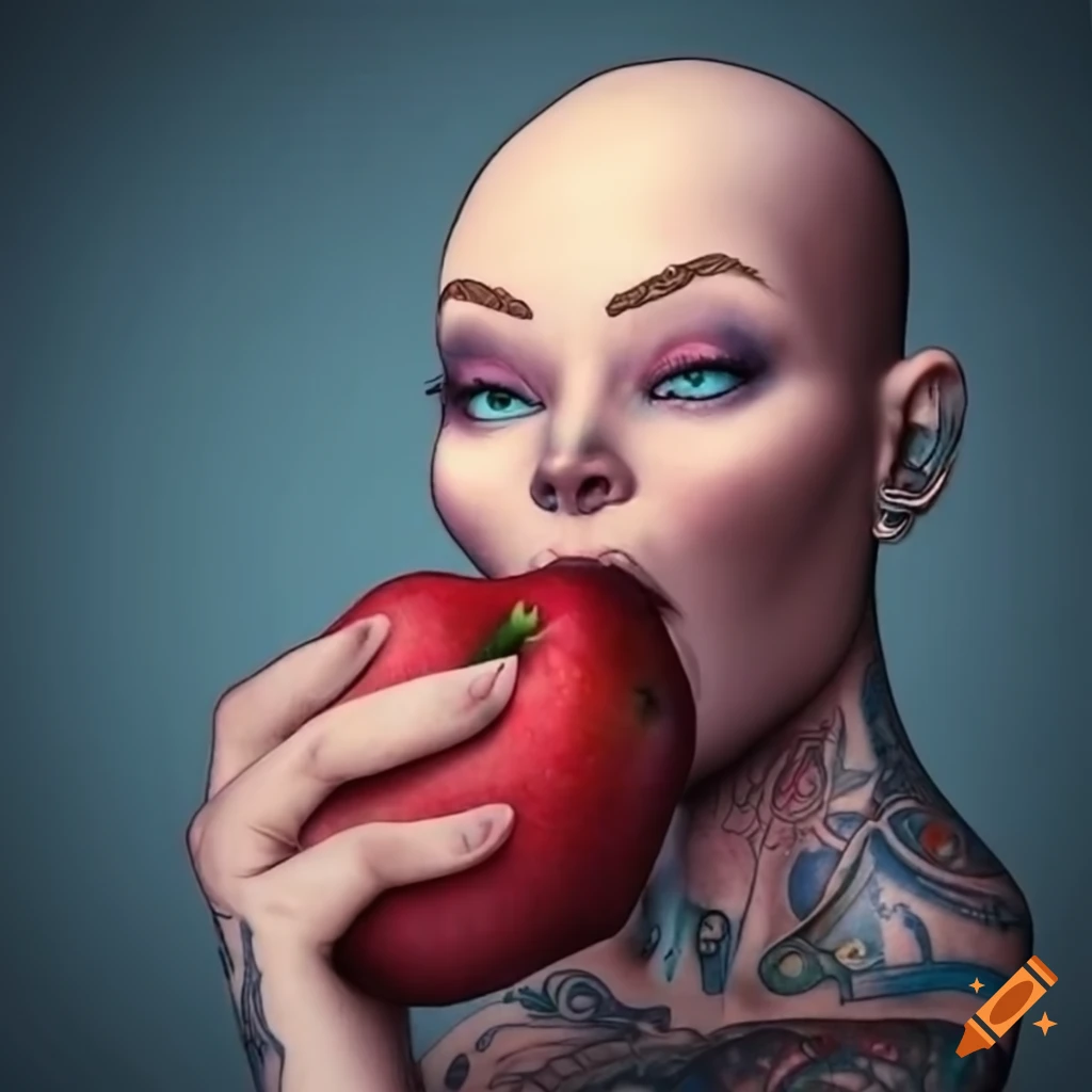 Bald woman with tattoos eating an apple in 3D style