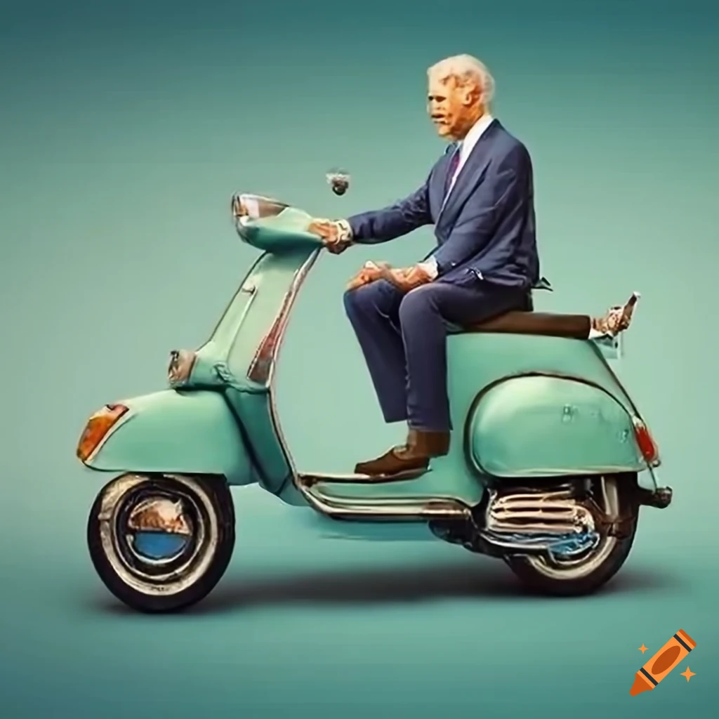 Young Joe Biden riding a vintage seafoam Vespa with American flags