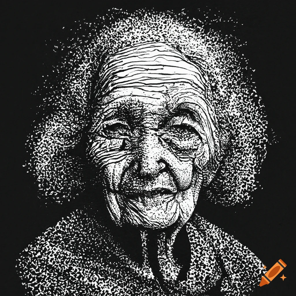 Stipple dotwork black and white drawing of an old woman on Craiyon