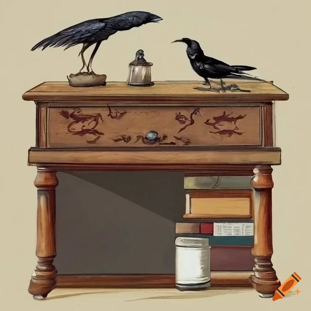 Illustration of an old rustic writing desk with a black raven, quill pen, and books