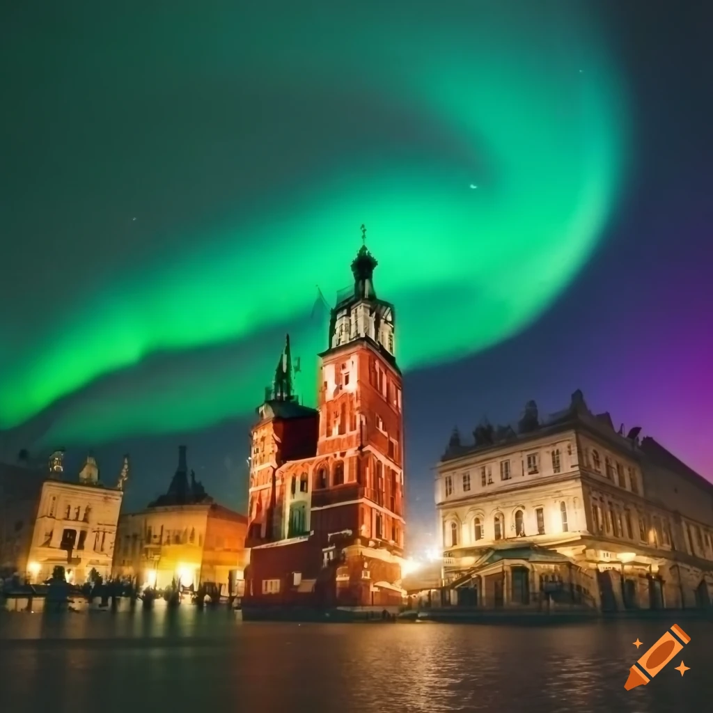 Krakow under the aurora borealis