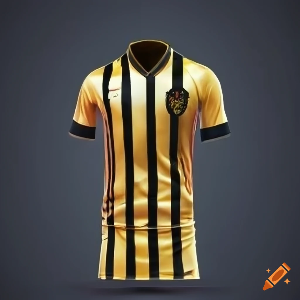 Mockup of black soccer team sports kit with gold stripes and white