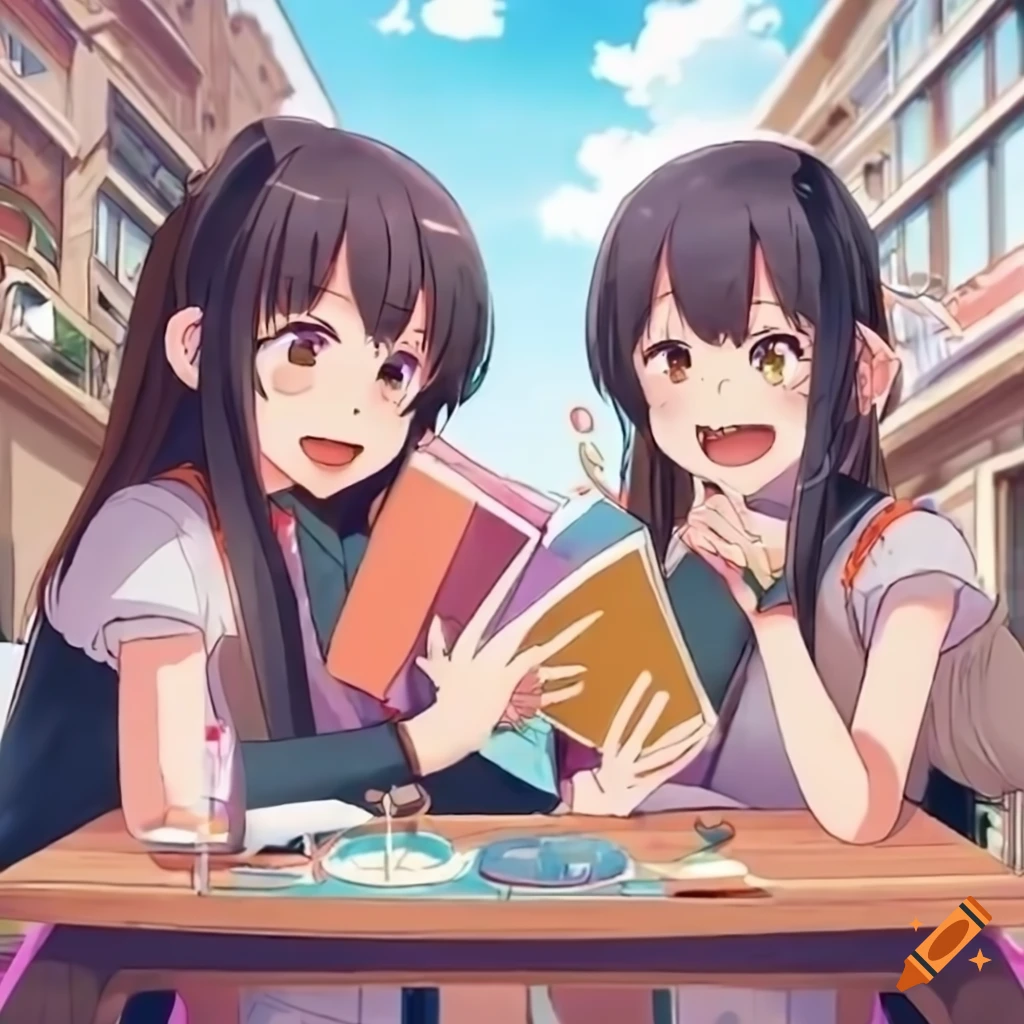 Cheerful anime girls in a lively cafe enjoying science books with a view of the harbor