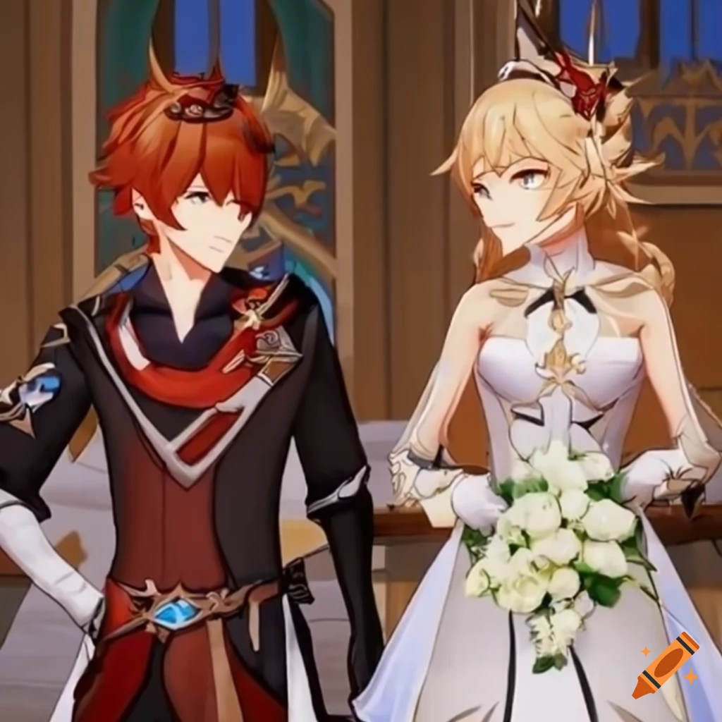 Tartaglia and Lumine in wedding attire getting married in a church