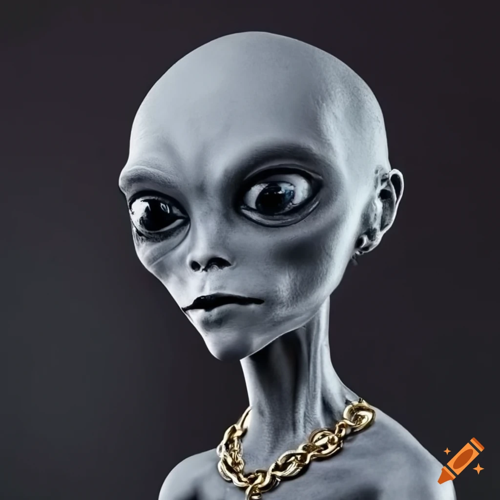 Grey alien with thin moustache wearing gold chain with ali pendant on ...