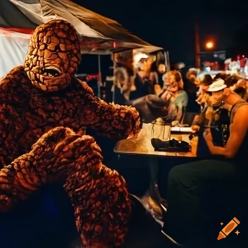The Thing from Fantastic Four at a sidewalk taco stand at night