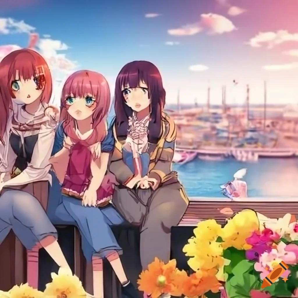 Cheerful anime girls with study books in a terrace with harbor view