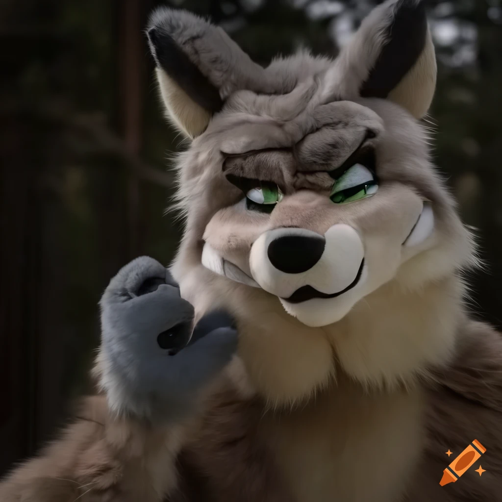 Tall dad in wolf fursuit posing elegantly in woodland