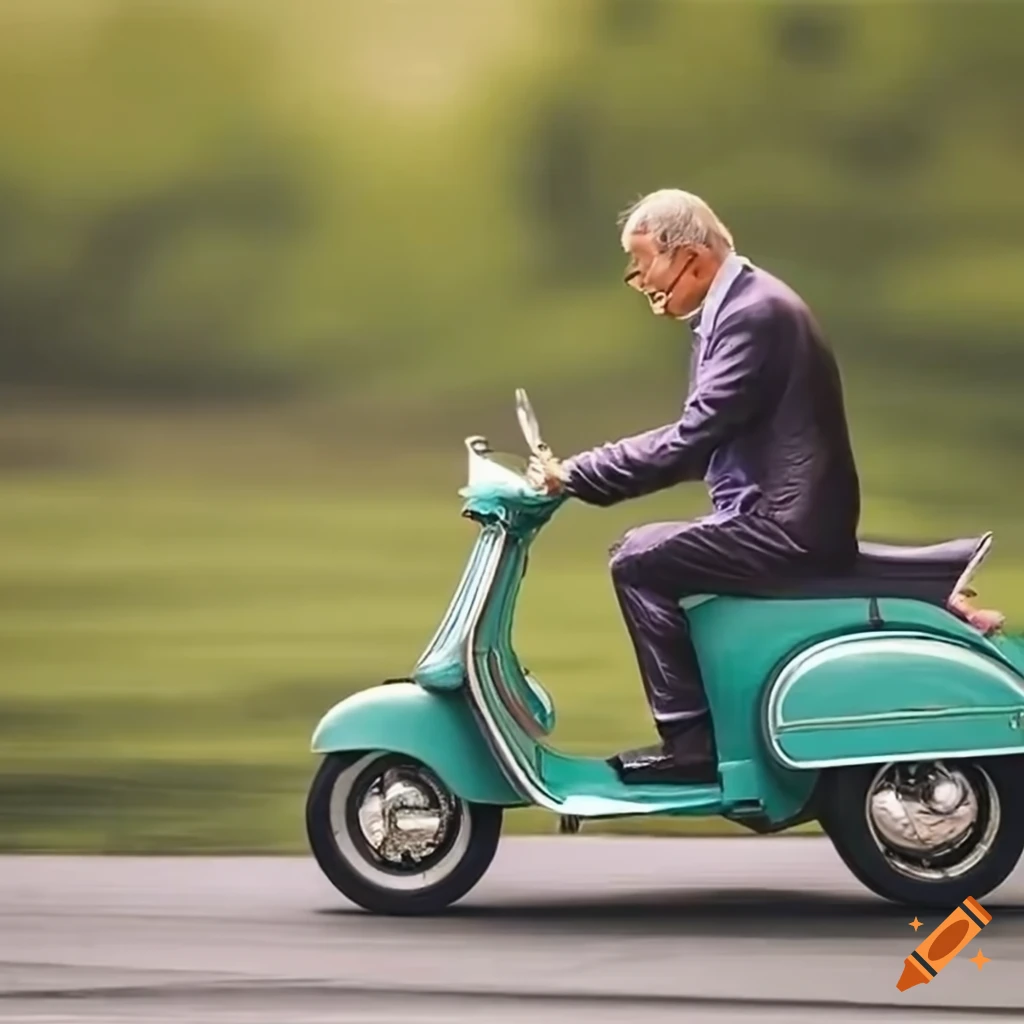 Young handsome healthy patriotic biden riding a vintage seafoam vespa