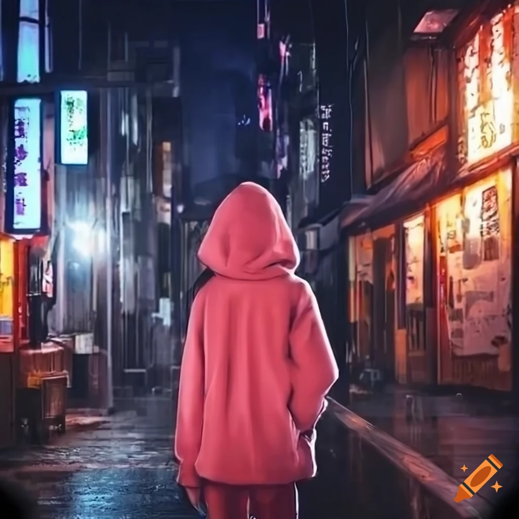 Sad anime girl in hoodie on a japanese street in the rain at night on