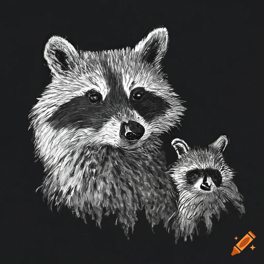 Ink drawing of a family of raccoons on Craiyon