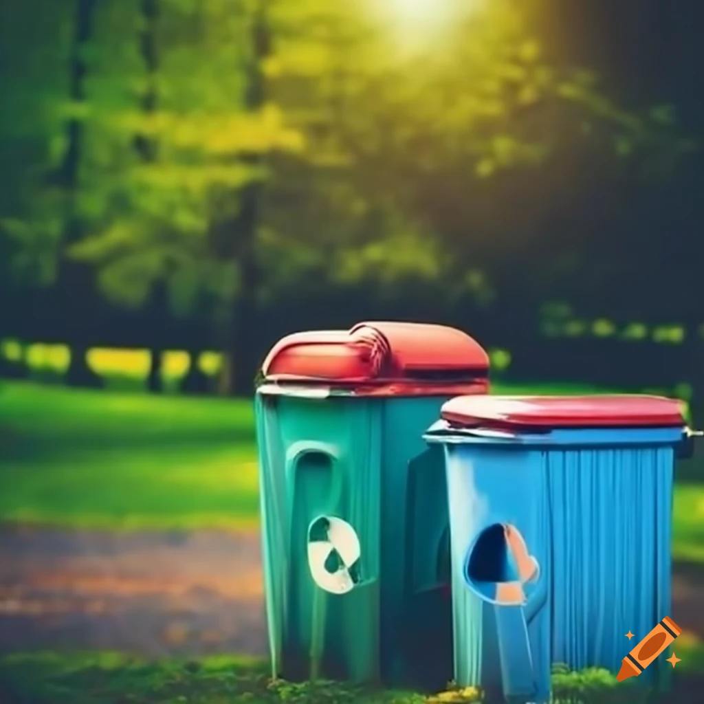 Public park with clean trash cans and recycling bins on Craiyon