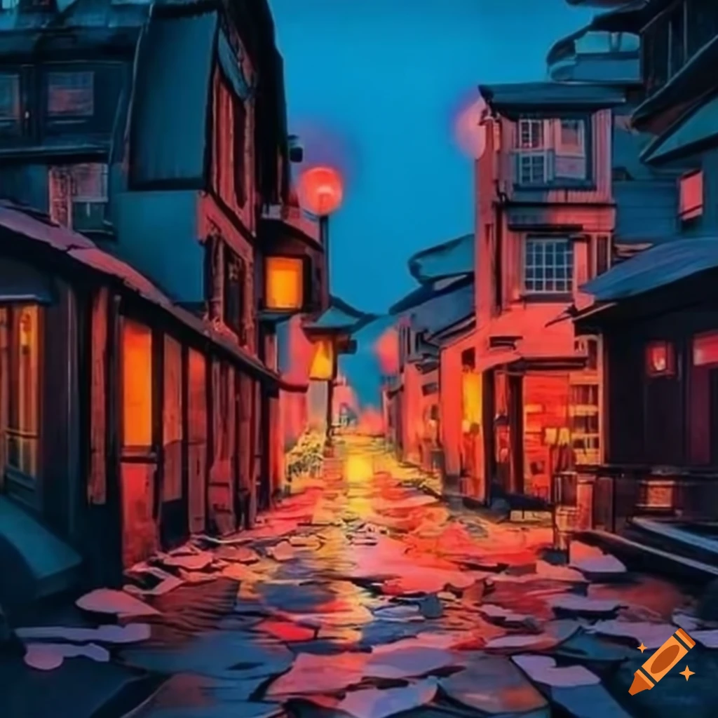 Paysage réaliste d'une rue avec des lampions rouges et des échoppes en bois inspiré du Voyage de Chihiro