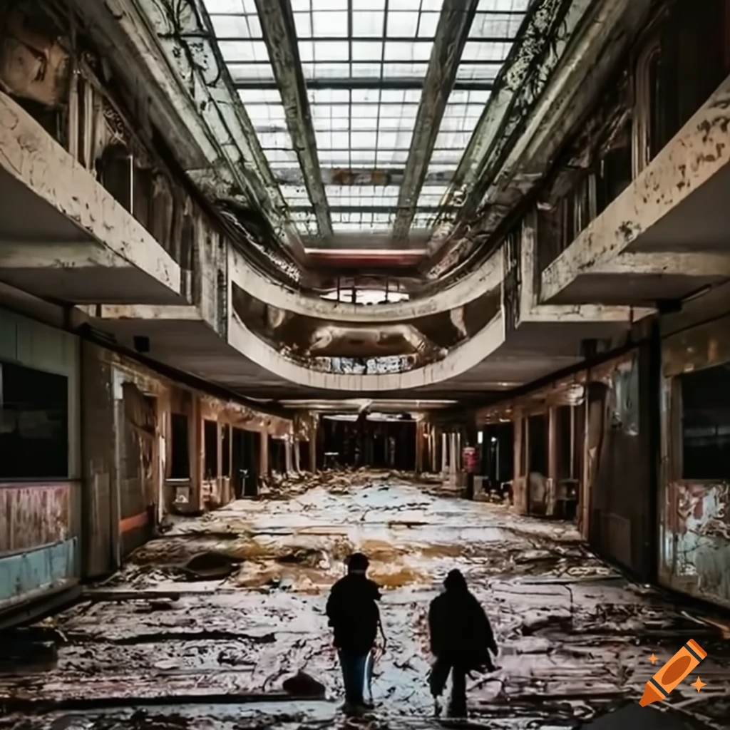 Group of tourists and tour guide exploring an abandoned shopping mall