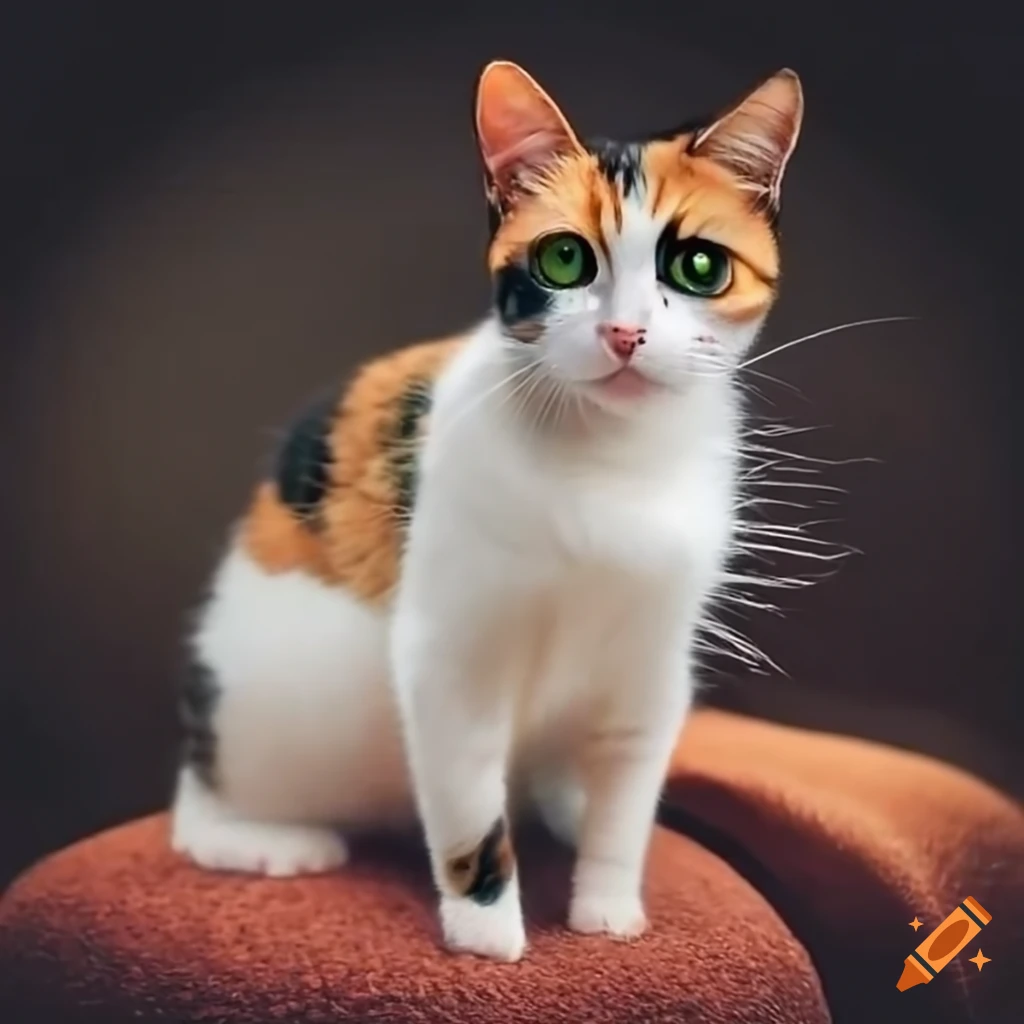 Calico cat with mostly white fur and black spots on craiyon