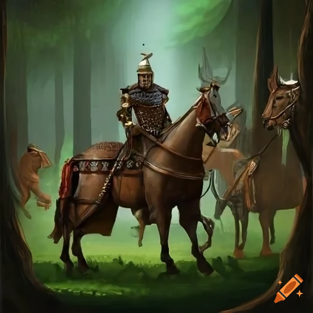 Medieval king and cavalry riding through a forest on Craiyon