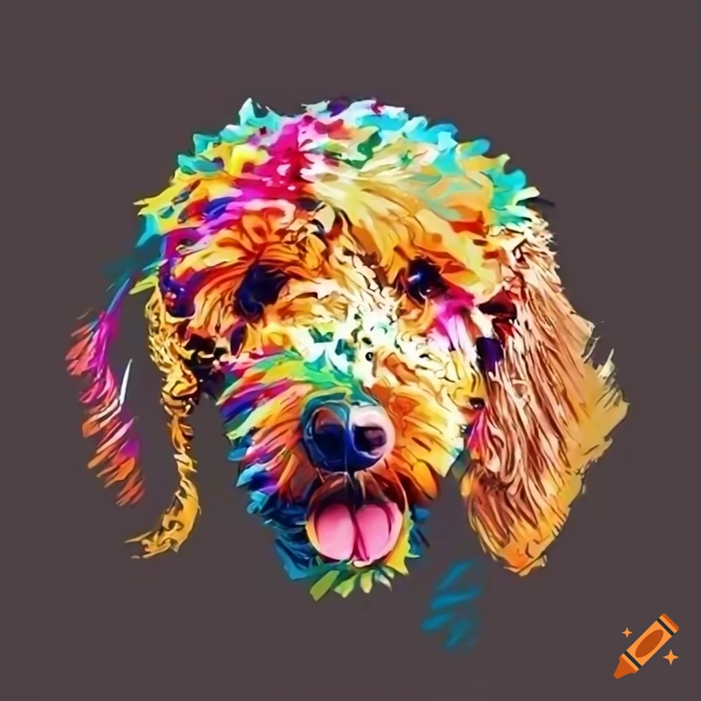 Close up of beautiful golden doodle dog with vivid brush strokes and