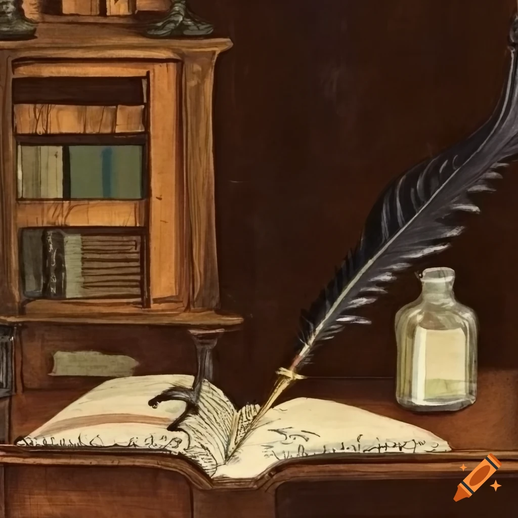 Illustration of an old rustic writing desk with a black raven, quill pen, and books