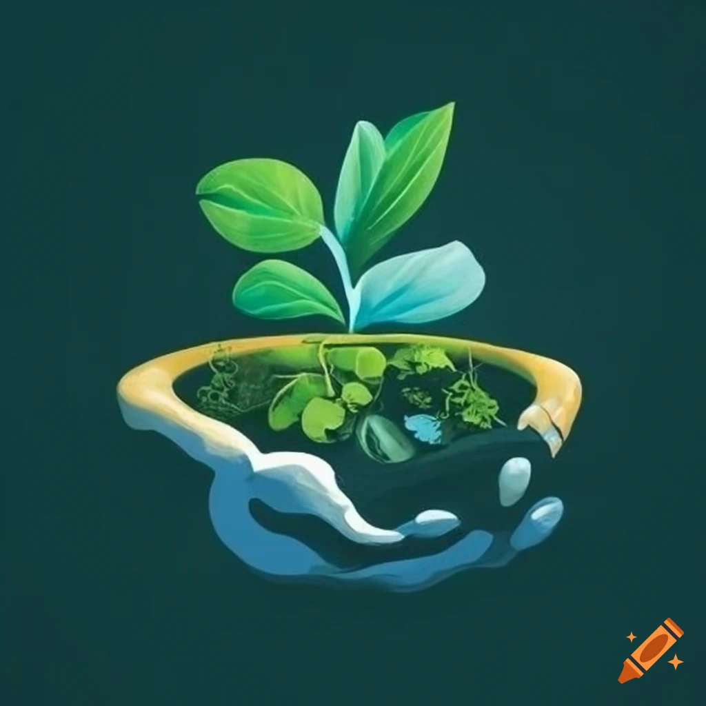 Organic community garden logo with river, plants, and people's hands
