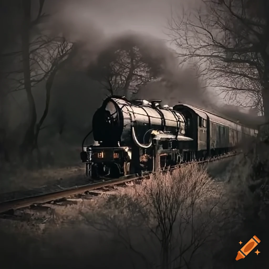 Spooky steam train at a haunted station with pale face and glowing red eyes