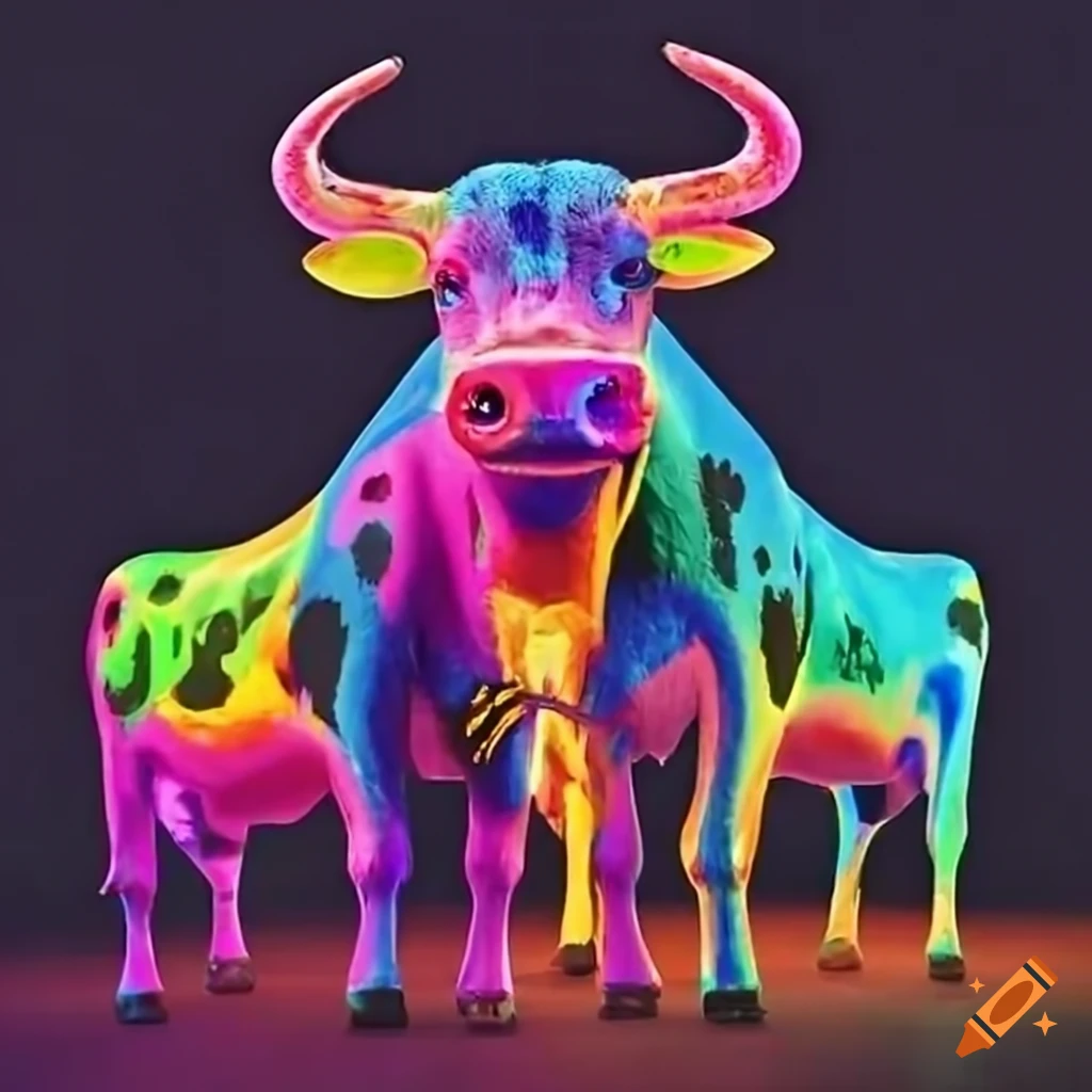 Colorful neon cows holding 'eat more chicken' signs on Craiyon