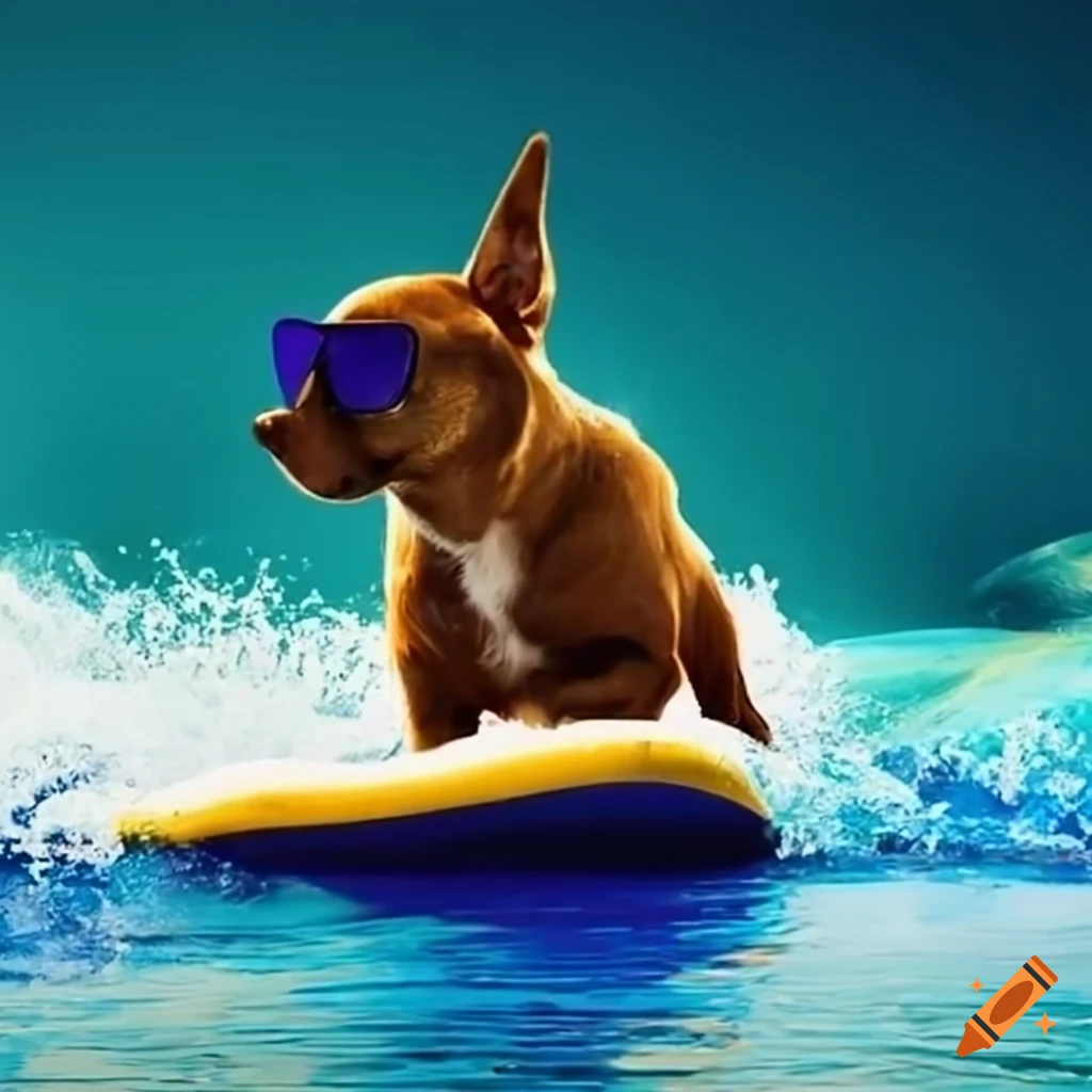 Dog surfing a wave with sunglasses on Craiyon