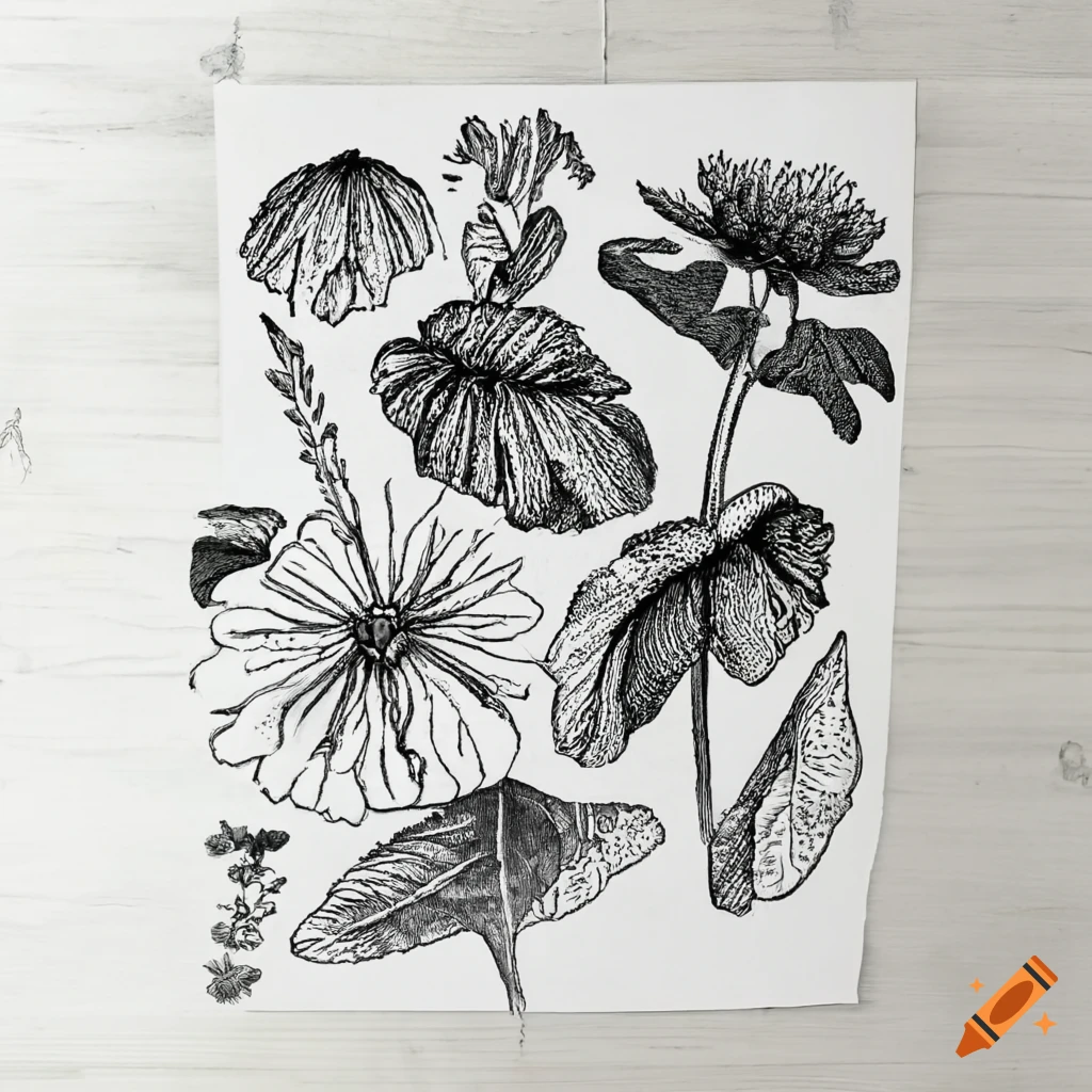 Botanical drawing of wildflowers in black ink on Craiyon