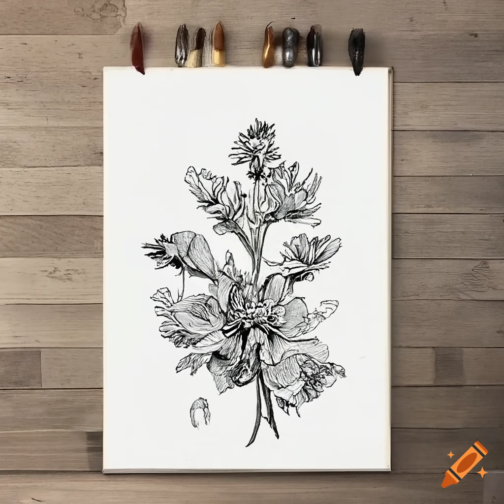 Botanical drawing of wildflowers in black ink on Craiyon