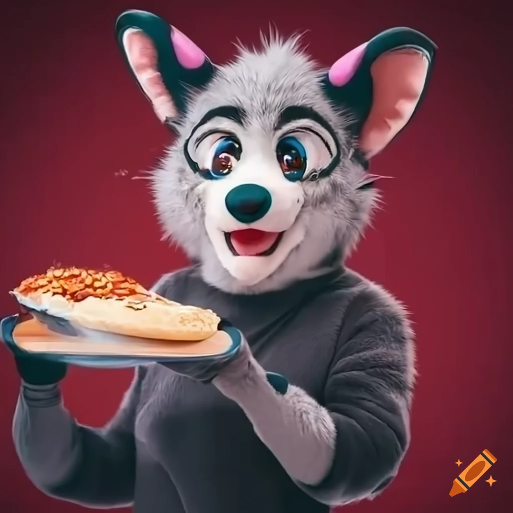 Friendly waitress in a possum fursuit serving at a fast food restaurant