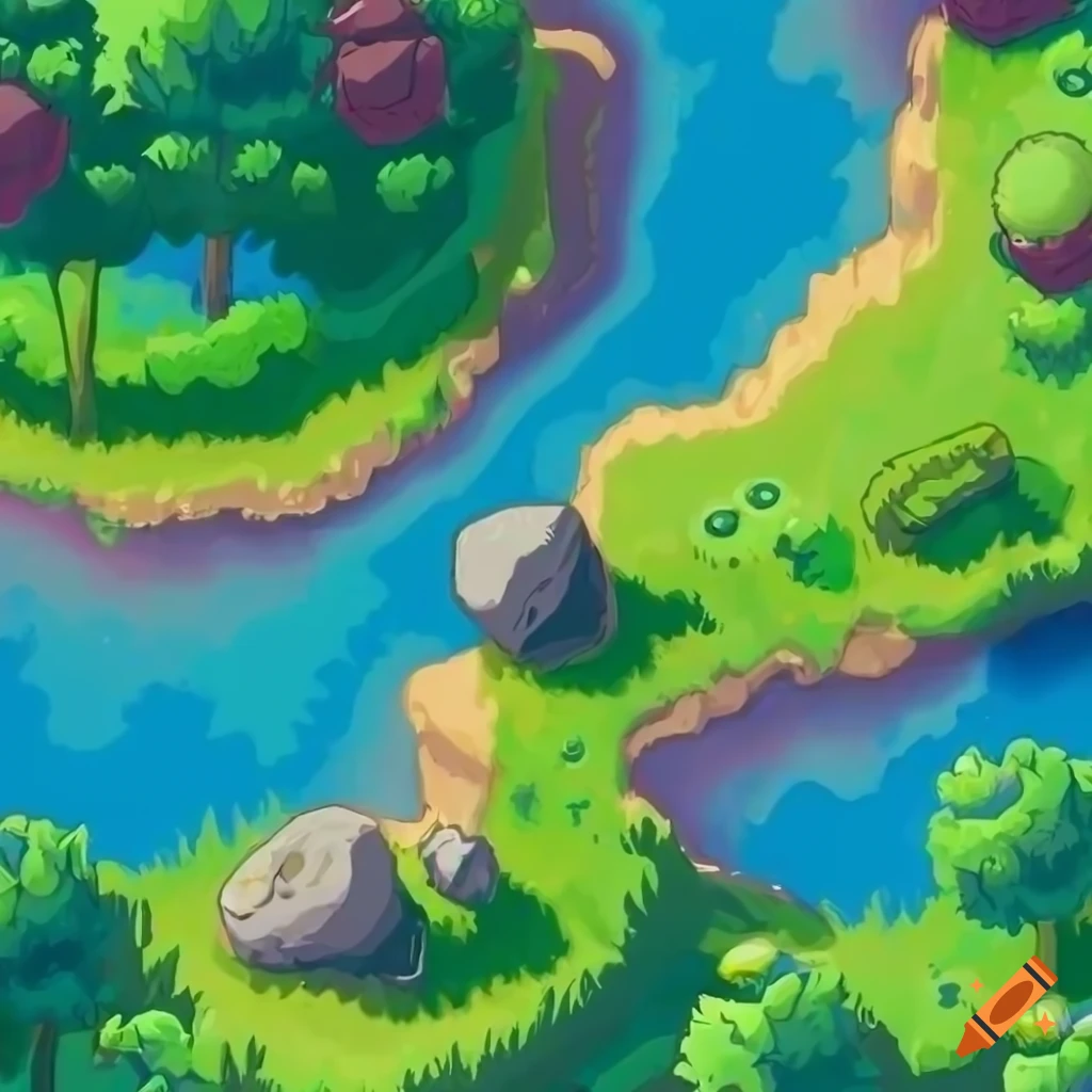 Top down 2D art of sunny pokemon region near a river with large rocks ...