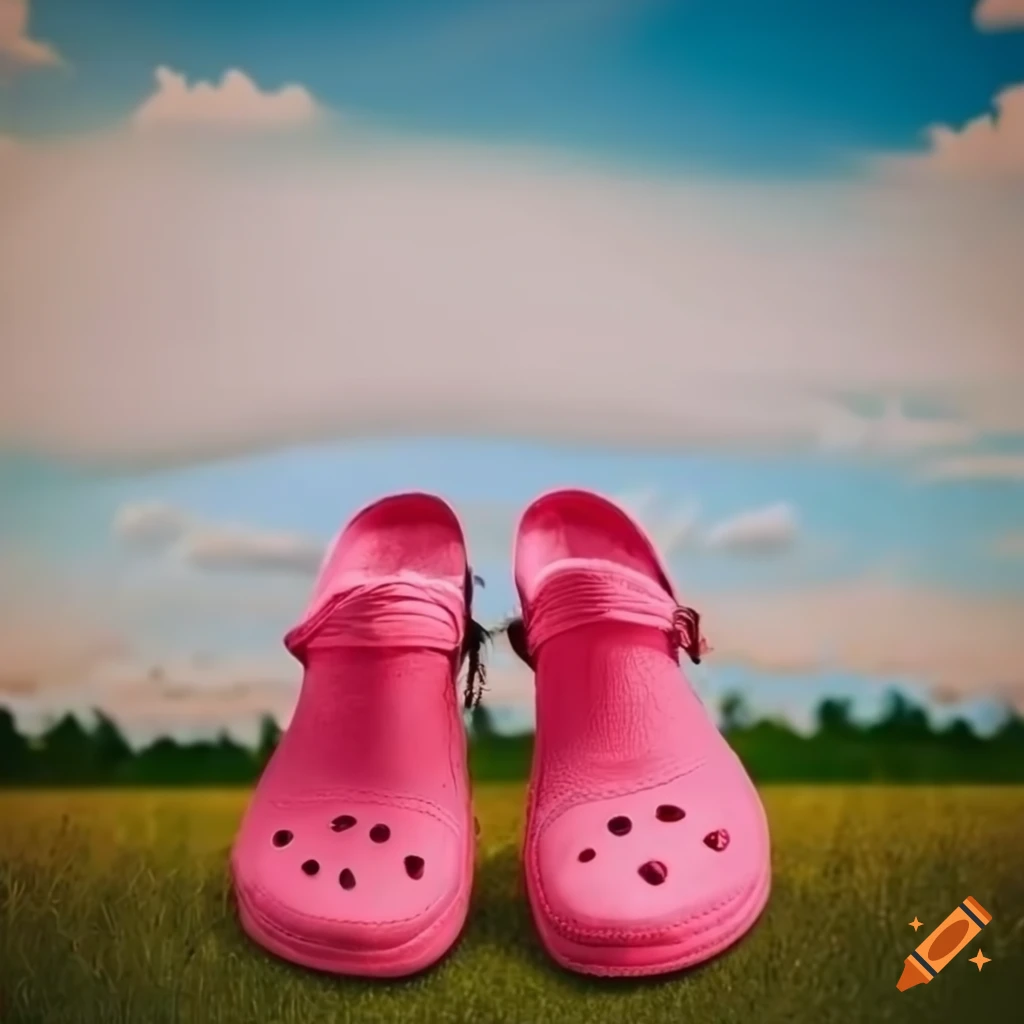 Pair of pink croc shoes in a meadow with sky in background on Craiyon