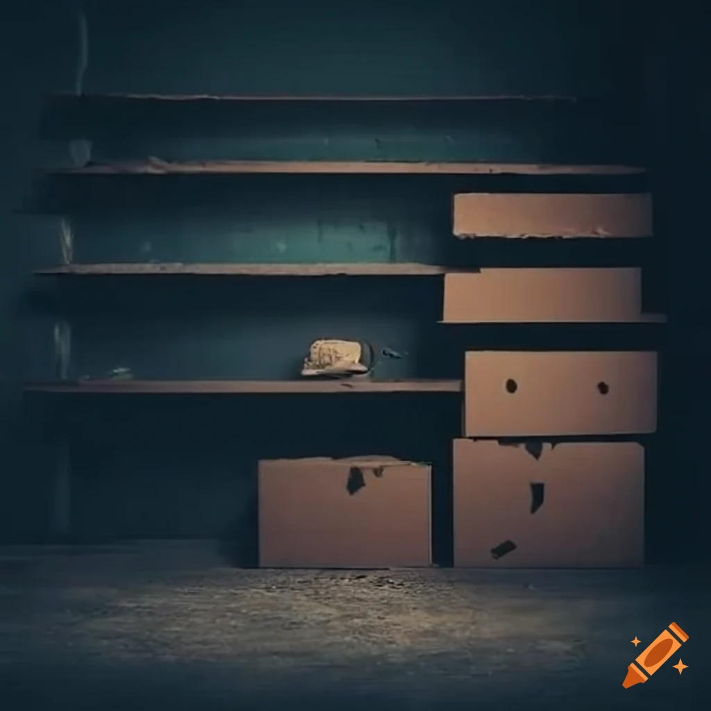 Basement with shelves and cardboard boxes on Craiyon