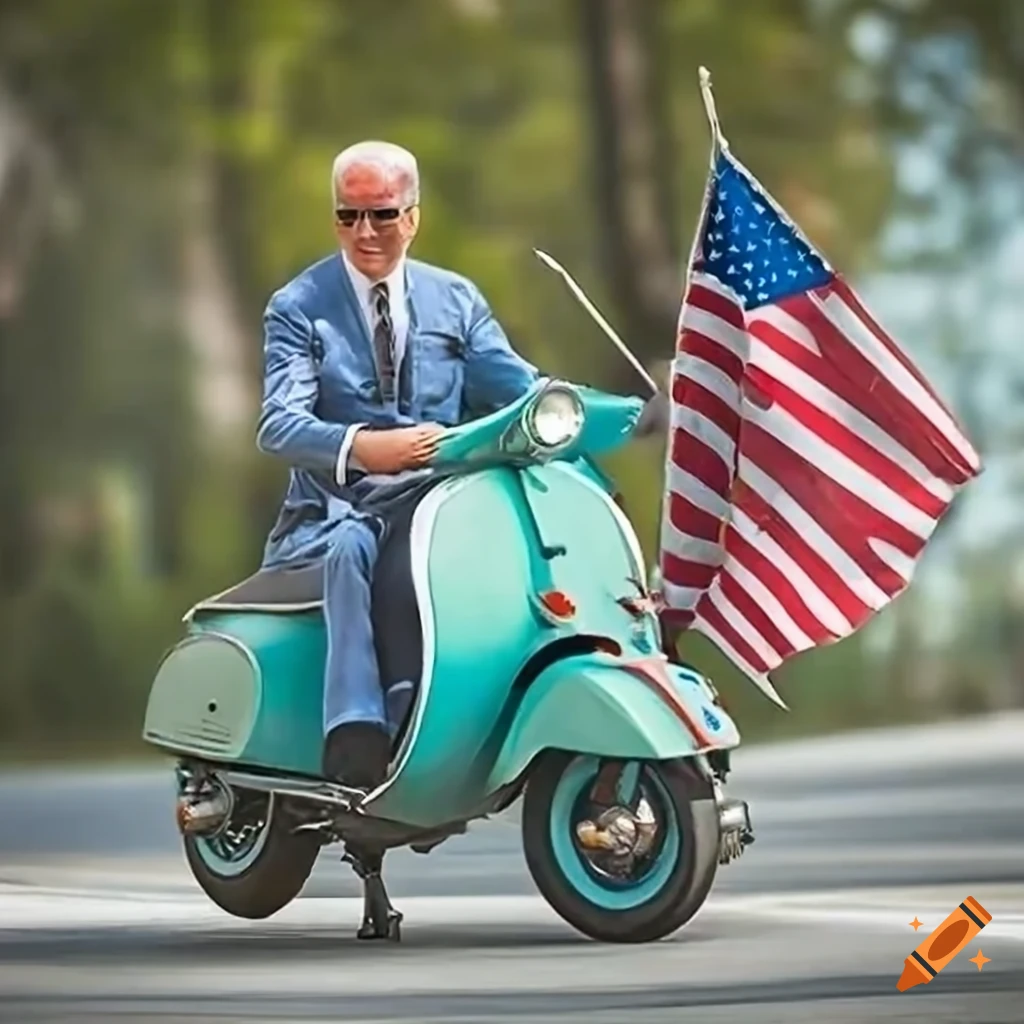 Joe Biden riding a vintage Vespa with American flags