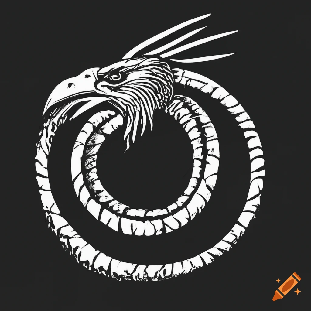Black and white line art illustration of ouroboros with a raven head on