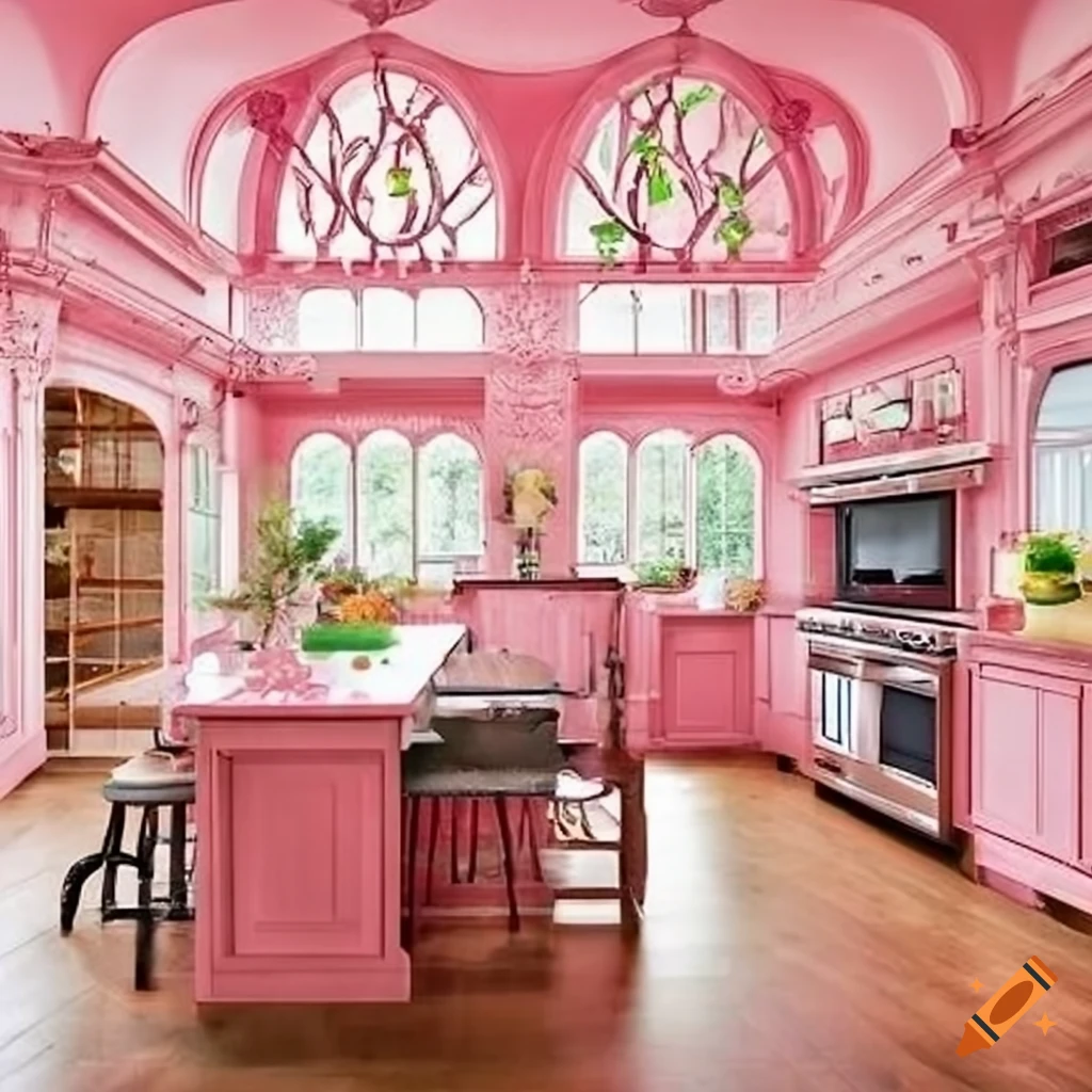 Vintage-style paradise kitchen with sunroof and gourmet baby pink decor ...