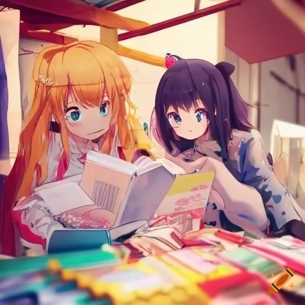 Cheerful anime girls reading science books at a crowded outdoor market near the waterfront