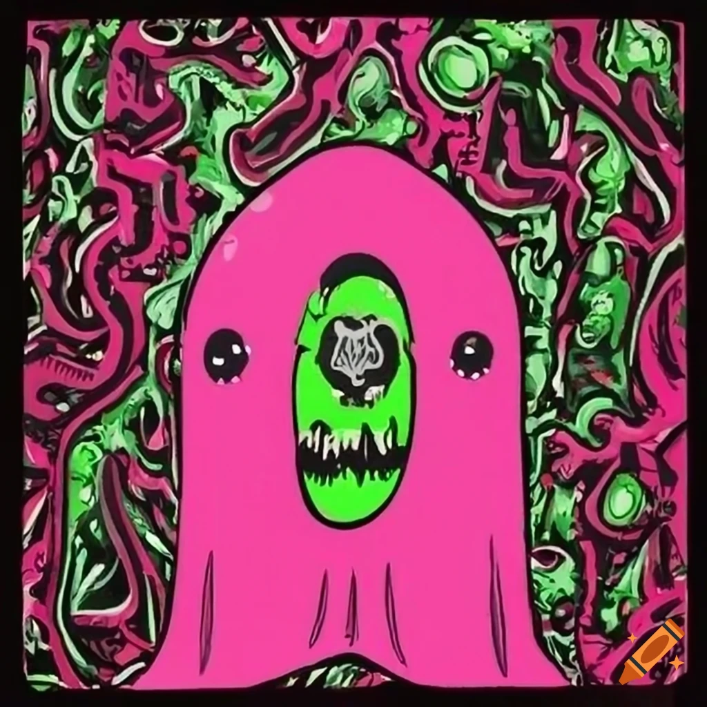 Banner with 'Ghostys Hideaway' in pink, green, and black colors