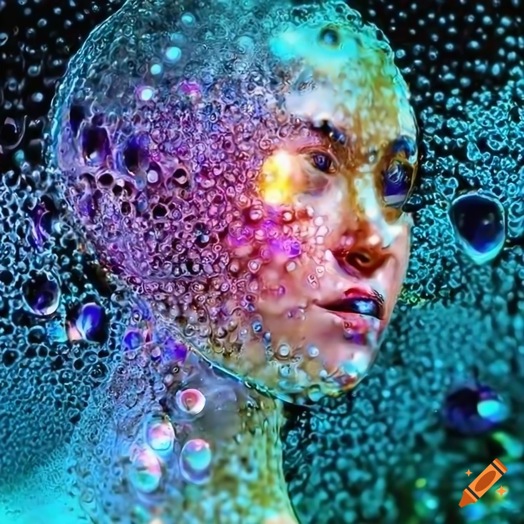 Close-up of human face reflected in large shiny transparent bubbles on slategrey background