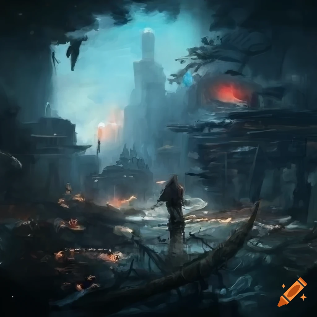 Cityscape battlefield with mech, masterful and intricate layering
