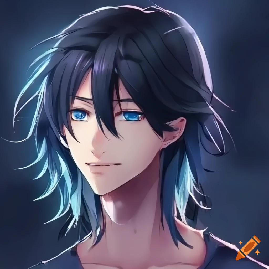 Young man with long black hair and blue eyes in anime style