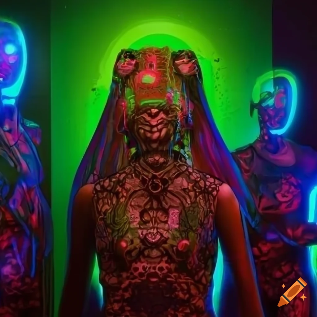 Digital illustration of a biopunk family surrounded by glowing biopunk moss