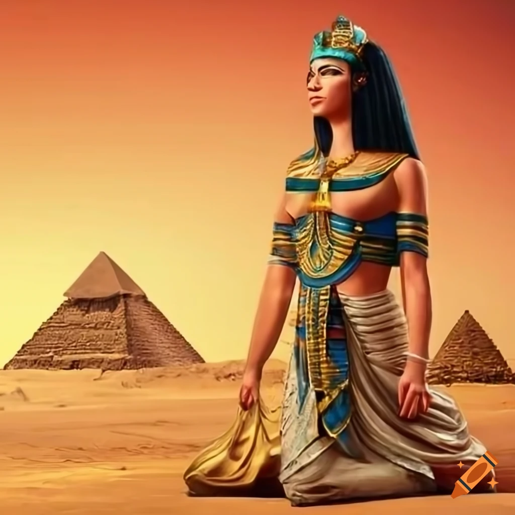 Full body depiction of Cleopatra with pyramids in the background