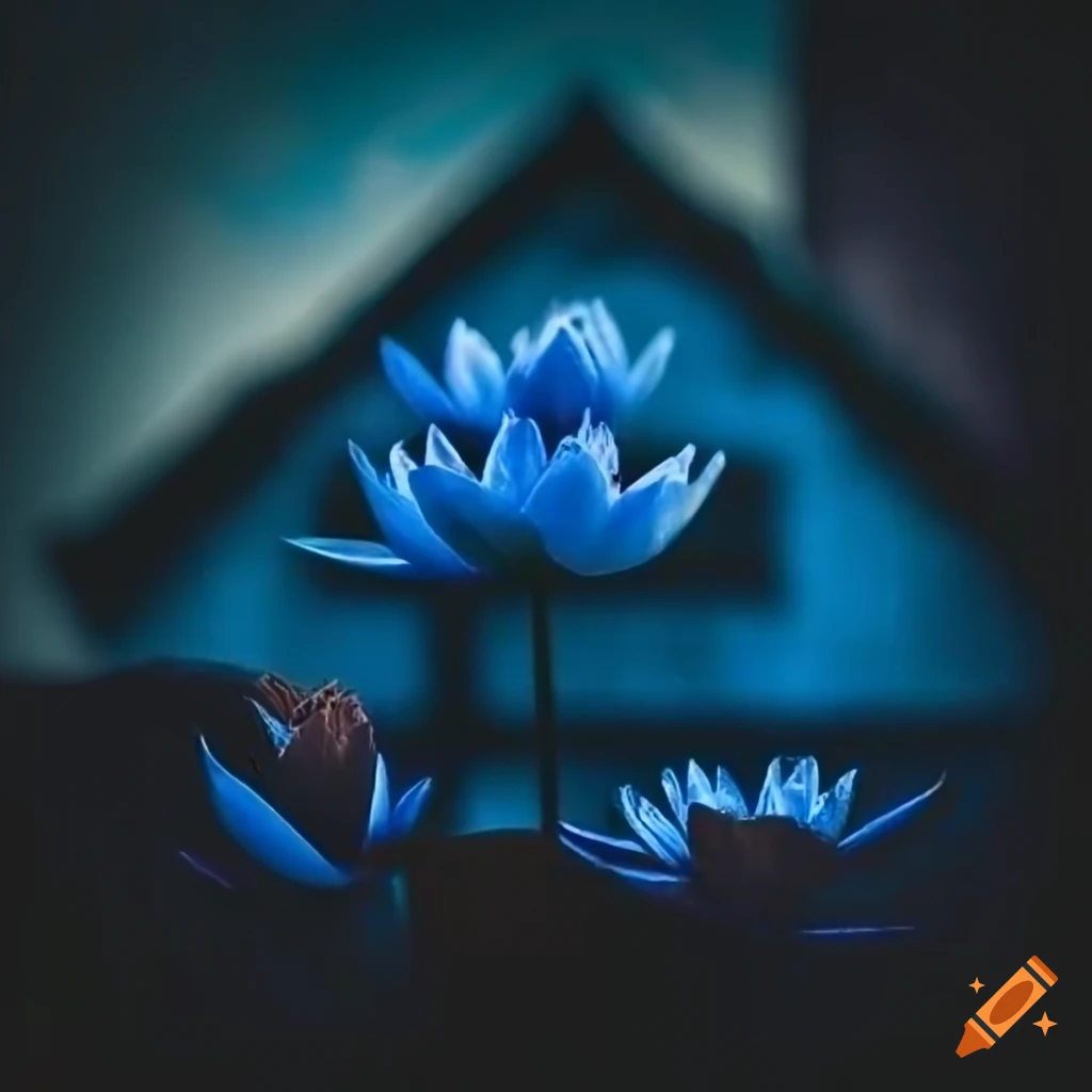 Decaying buildings with blossoming indigo lotus flower symbolizing new awakening