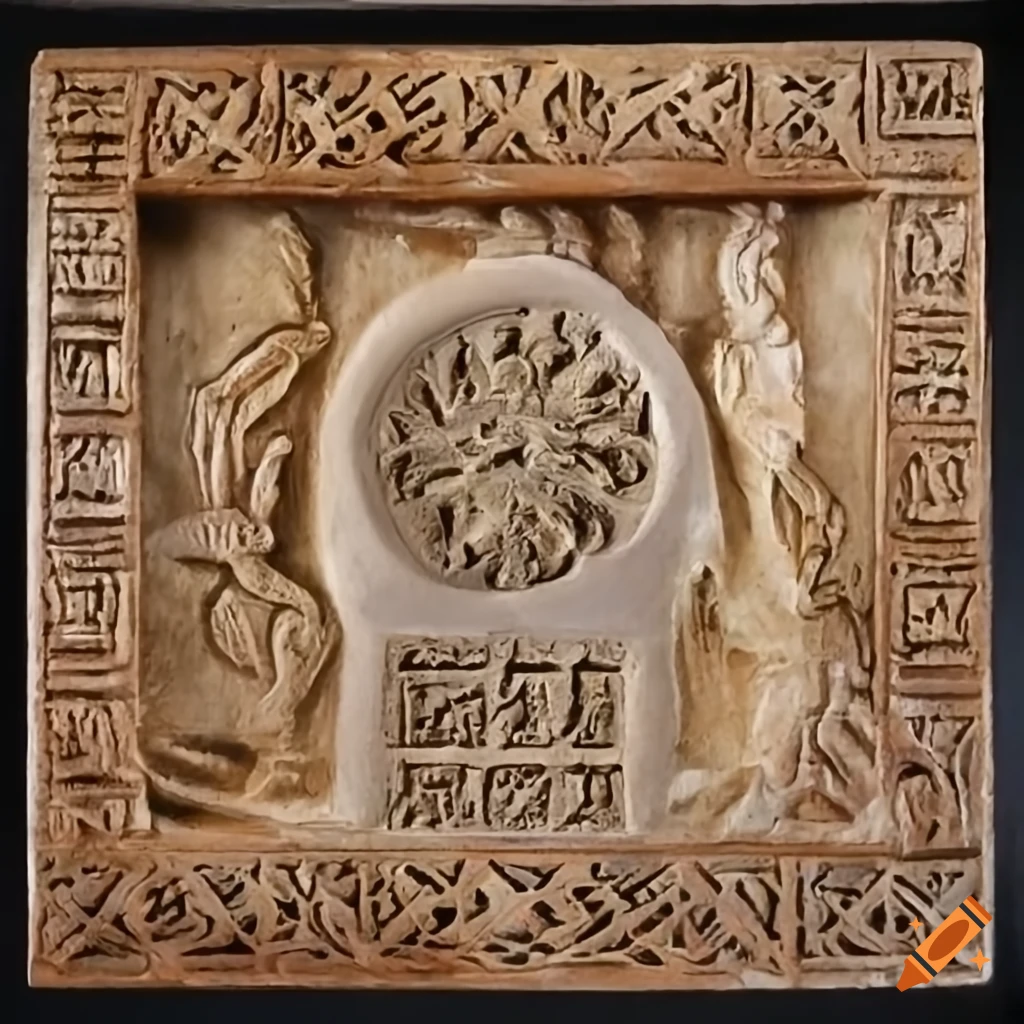 Ancient hebrew symbols engraved on intricately carved stone on Craiyon