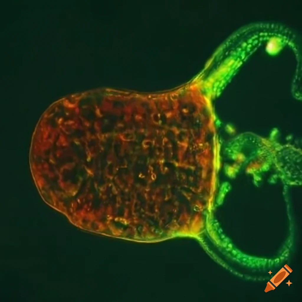 Microscopic view of a bacterium engulfing a plankton