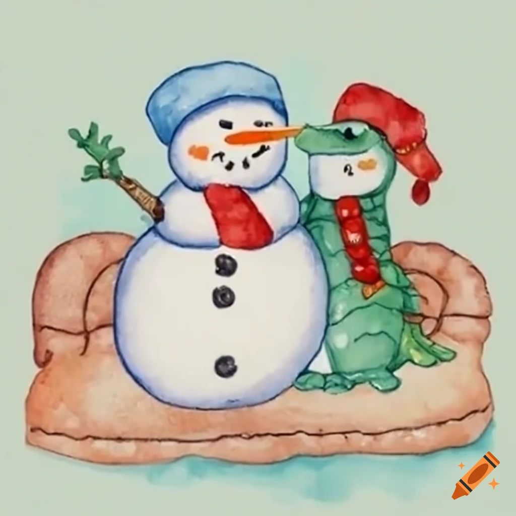 Snowman and alligator having a cozy moment