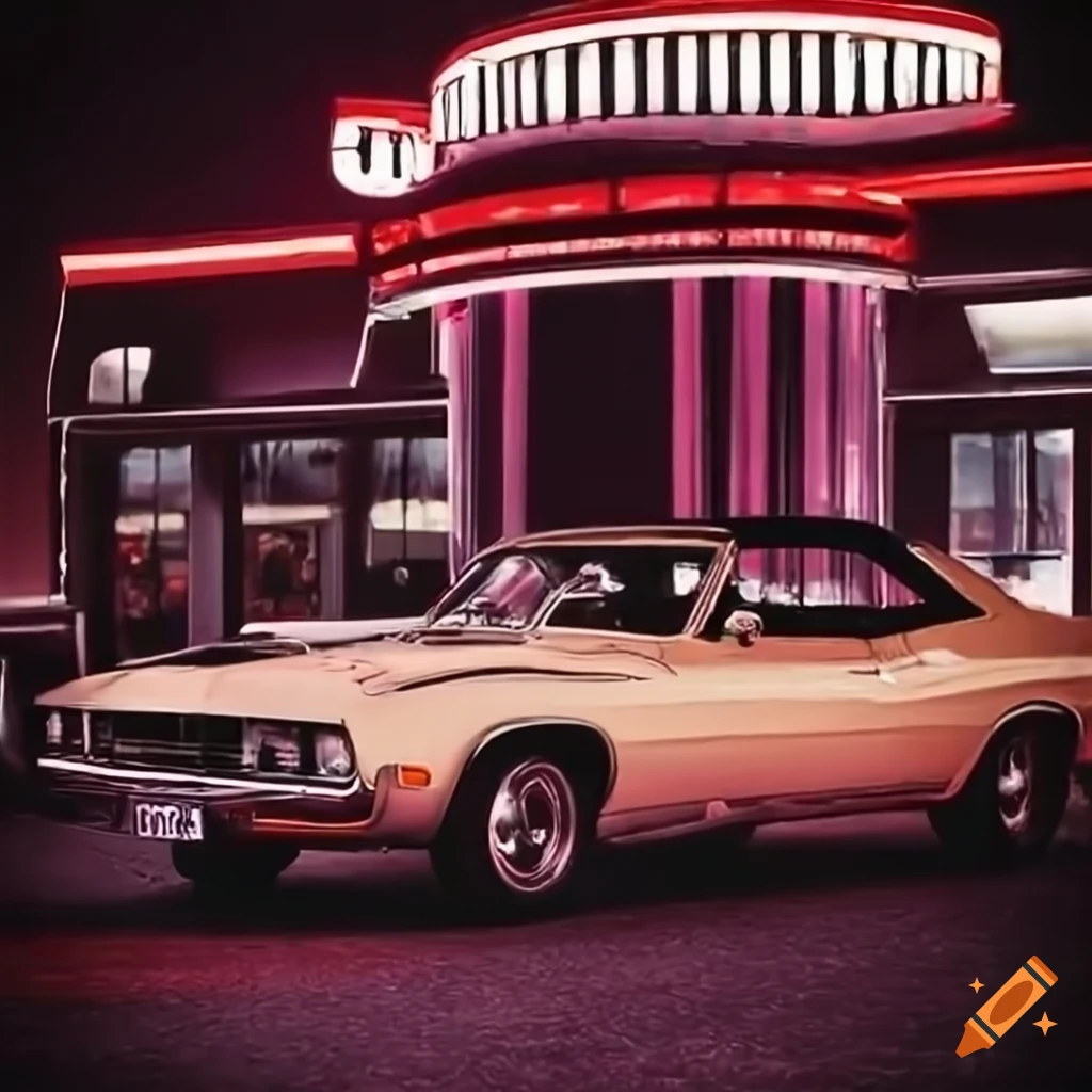 Sleek classic muscle car parked in front of a small-town American diner
