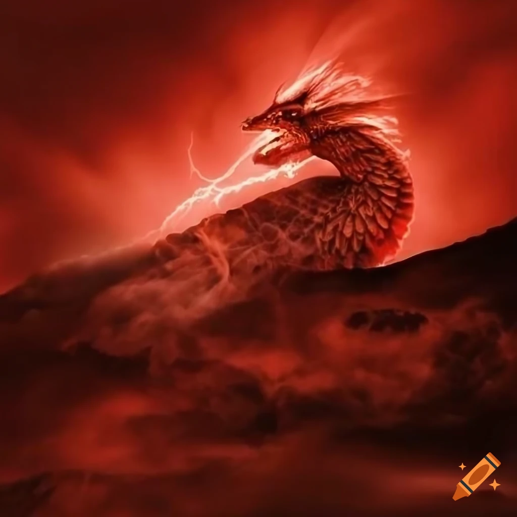 Smoke and lightning dragon with red mountain background in fantasy art
