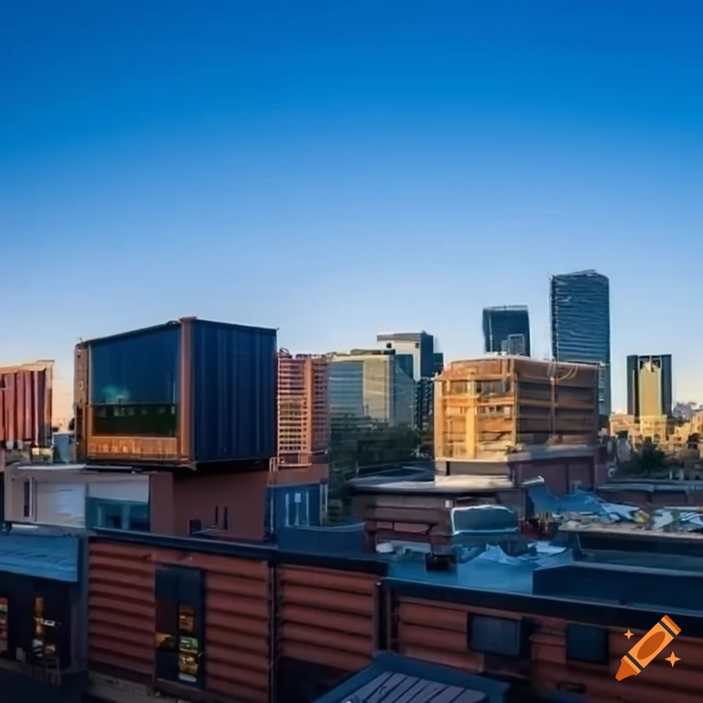 Three-storied shipping container complex with rooftop patio overlooking ...