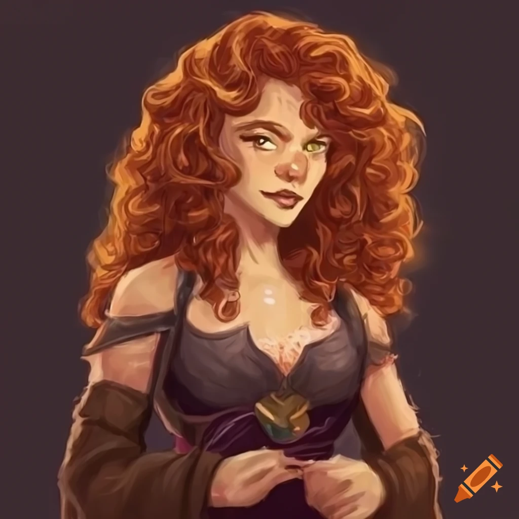 D&D female halfling sorcerer with olive skin, hazel eyes, curly auburn hair, and mystical glowing runes